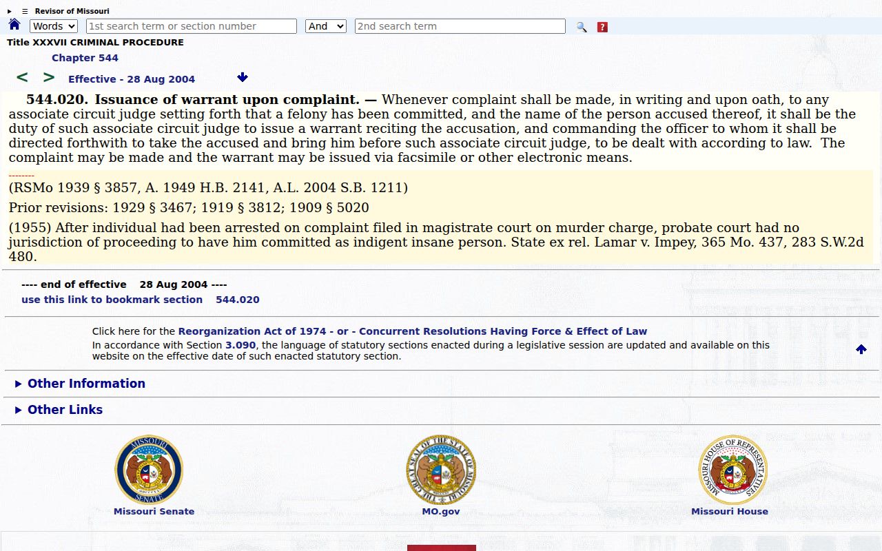 Audrain County arrest warrant sworn complaint statute