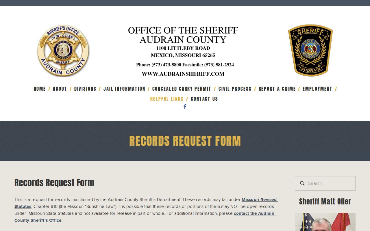 Audrain County warrant records sheriff request form